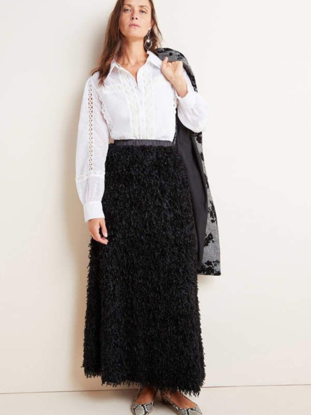 Anthropologie Sunday in Brooklyn Faux Feather Avant Garde Black Maxi Skirt M